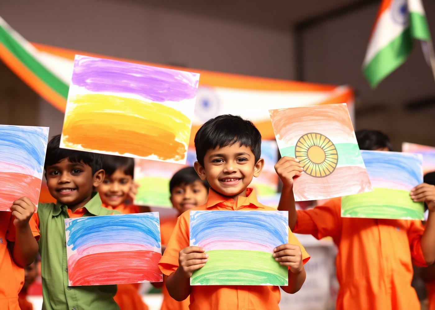 Children holding paintings at an Independence Day art competition